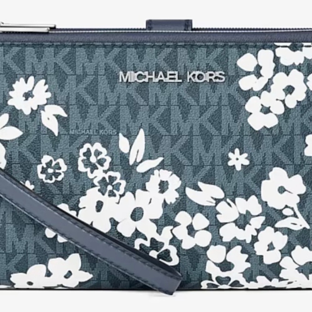 MICHAEL KORS JST Lg Double Zip Printed Sign Logo Wristlet Wallet Navy - Picture 5 of 6
